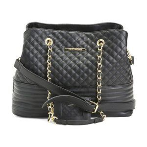 STEVE MADDEN Large Black Quilted Shoulder Bag with Gold Chain Handles